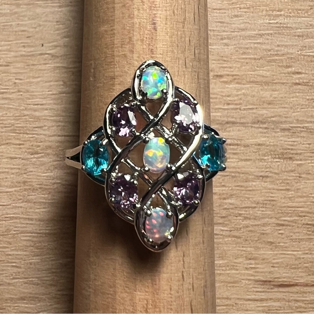 Silver Estate Ring Simulated Opal, Amethyst, Blue Topaz Size 7.5 - Picture 7 of 7